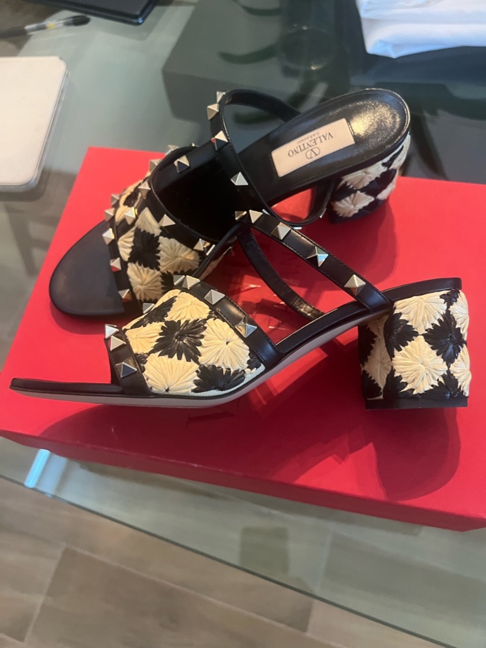 Valentino Black & Cream Studded Woven Block Heel Sandals